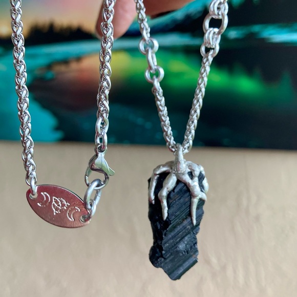 Black raw natural tourmaline gemstone electroplated charm steel boho necklace . - Picture 7 of 12
